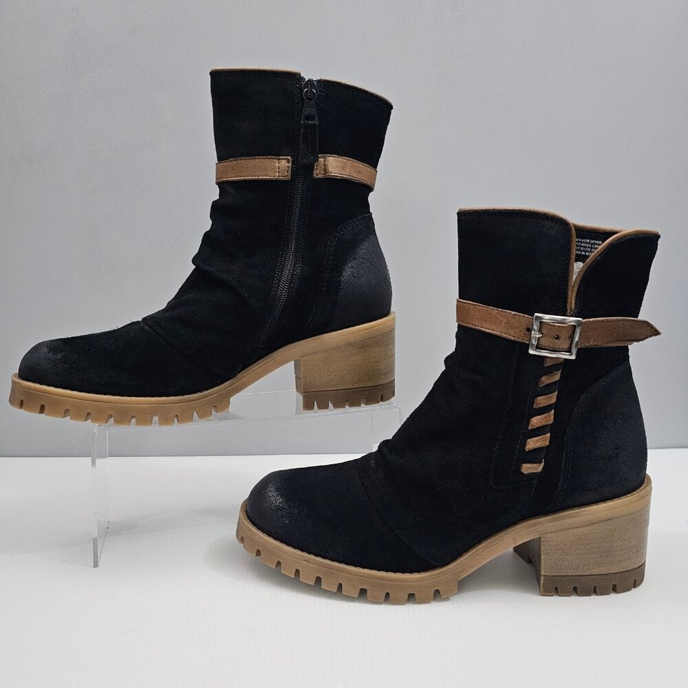 Miz Mooz Mandy Ankle Boot Womens EU 41 Black Suede Whipstitch Buckle Chunky Heel - Picture 2 of 16